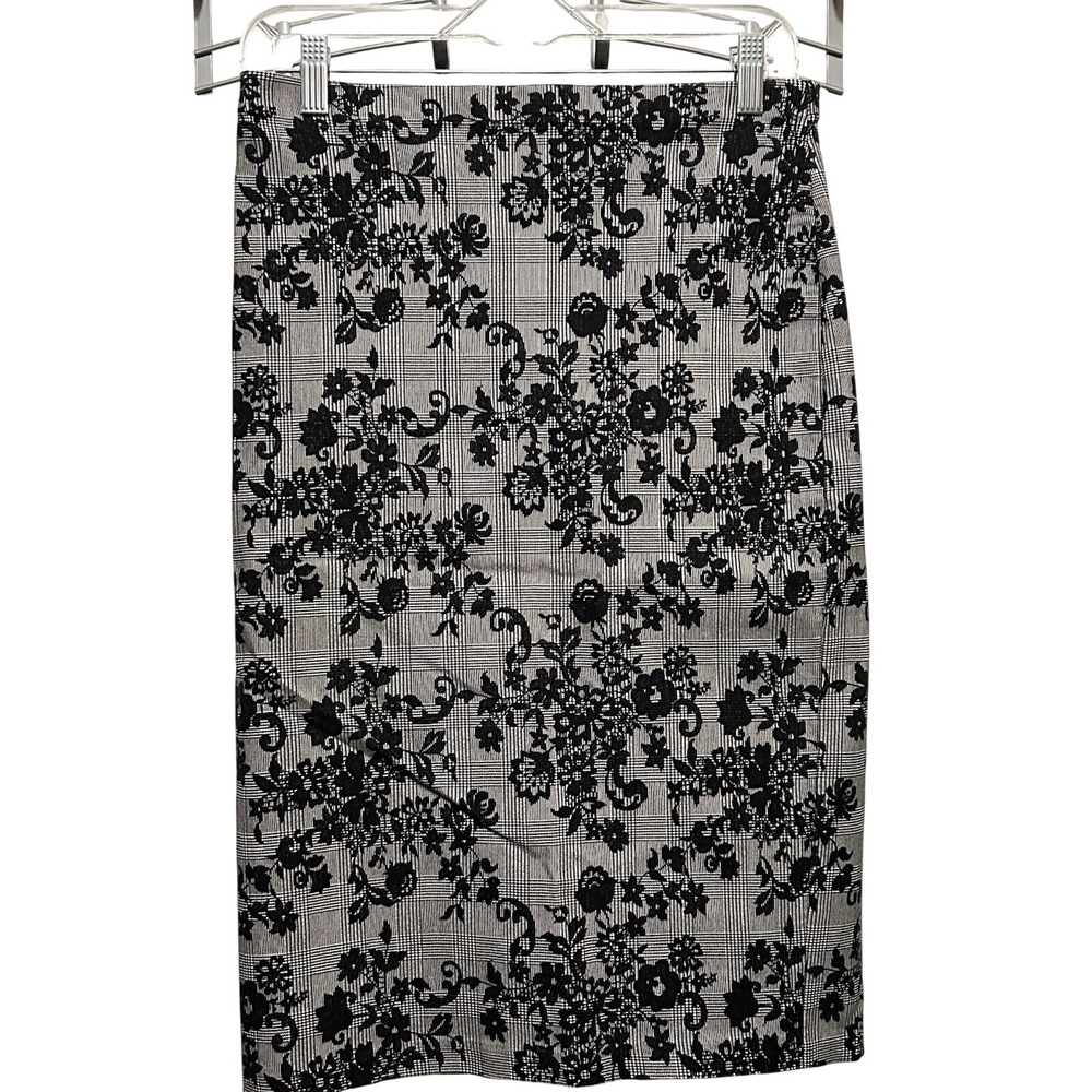 Linda Matthews Womens S Black White Plaid Floral Pencil Skirt Preppy Workwear